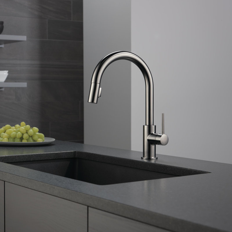 Robinet de cuisine en acier inoxydable noir Trinsic avec douchette rétractable, robinet d'évier de cuisine monotrou moderne, poignée simple, acier inoxydable noir
