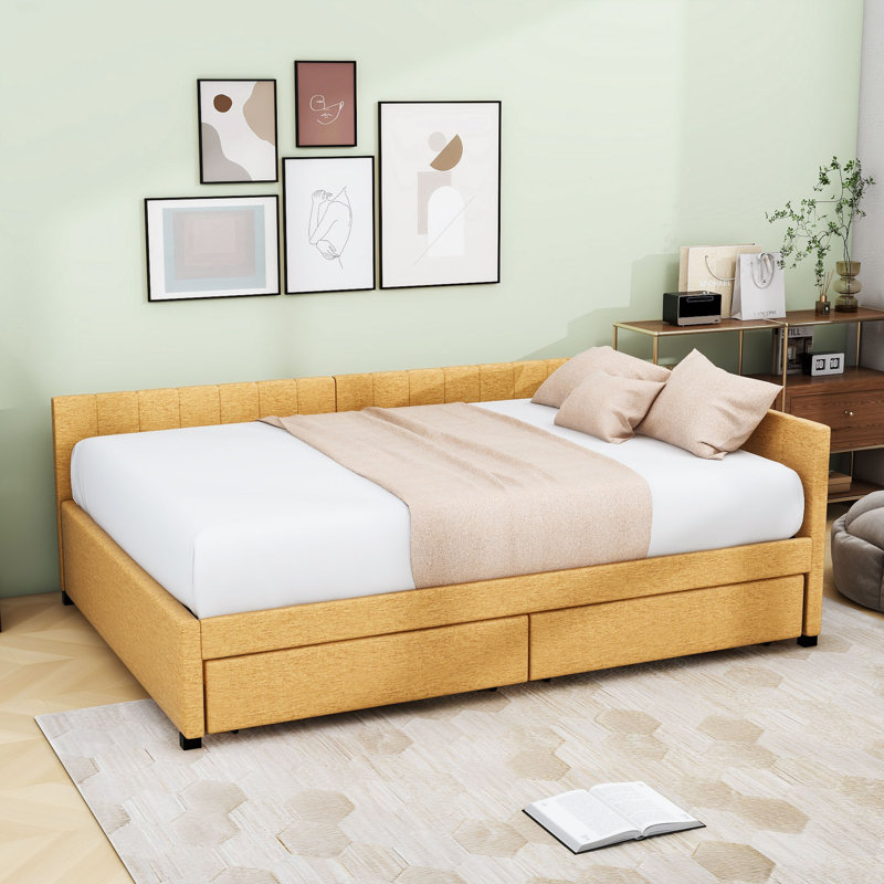 Full Size Upholstered Daybed with Built-in Storage and Durable Frame, Yellow