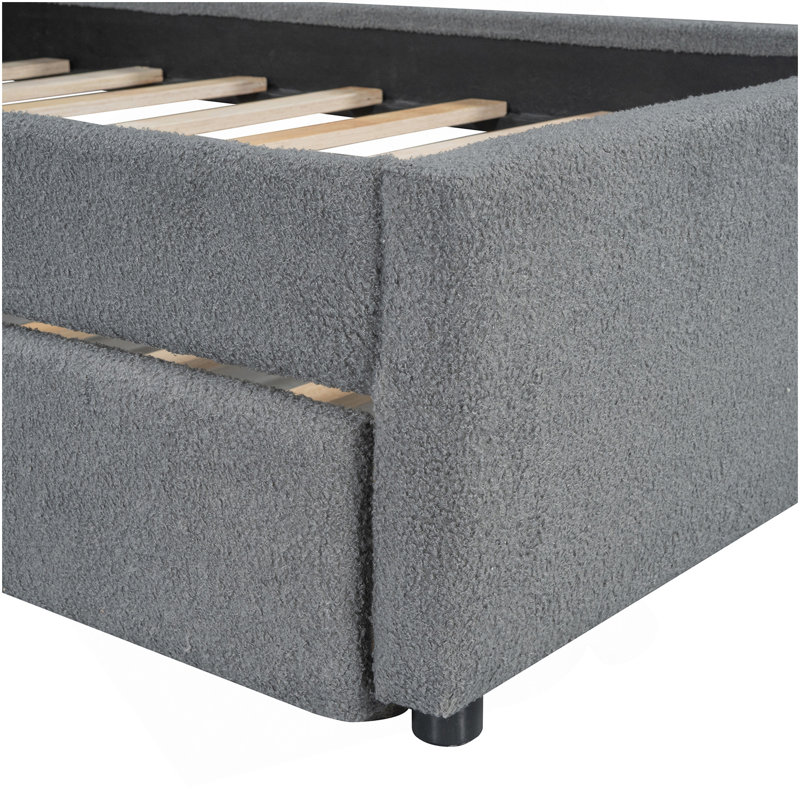 Lit plateforme tapissier simple avec lit gigogne Teddy, Gris