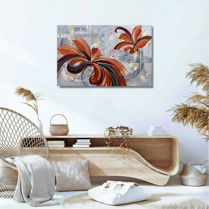 Tableau sur toile à motifs floraux abstraits orange brûlé et noirs, H 18 po x l 24 po