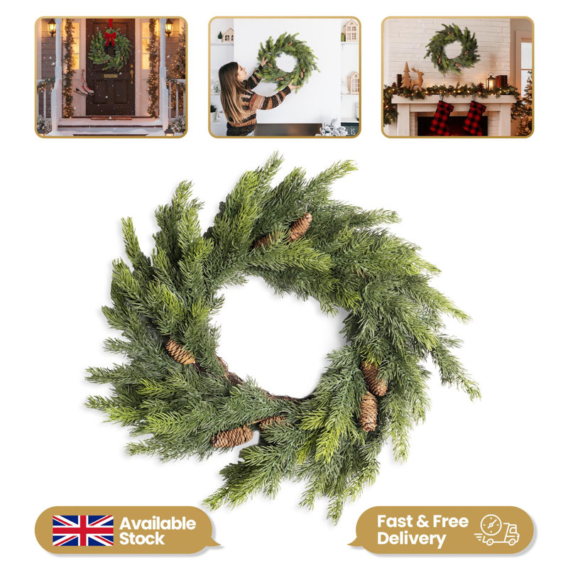 Green Fir Artificial Christmas Wreath with Pine Cones, Realistic PE Finish for Indoor or Sheltered Outdoor Display