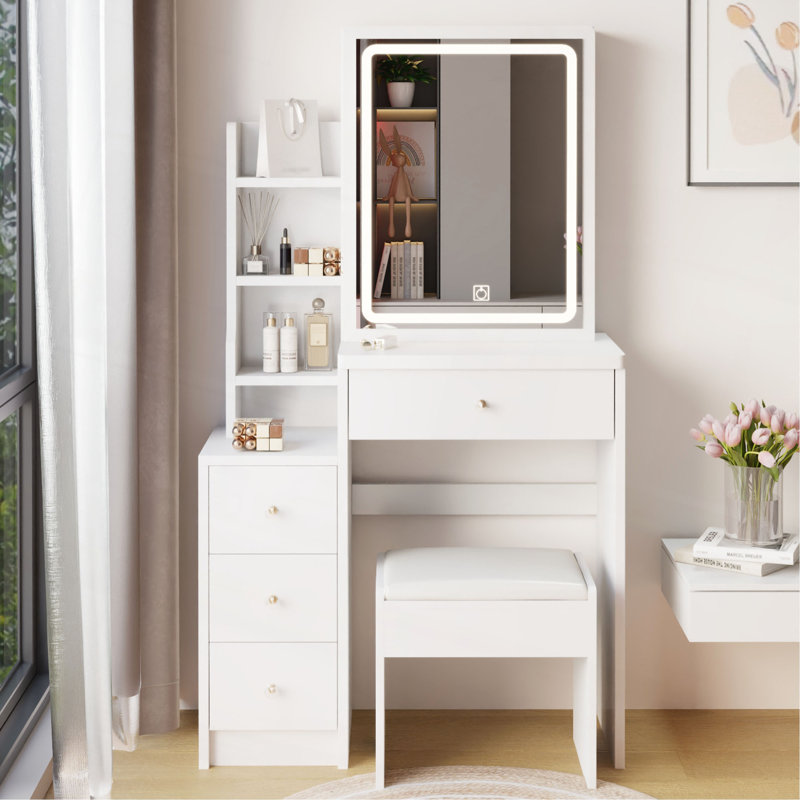 Petite coiffeuse de 29,2 po avec tabouret de chevet gauche + grand tabouret rembourré, commande tactile, interrupteur tricolore, miroir à luminosité réglable, rangement à grande capacité, convient aux petits espaces