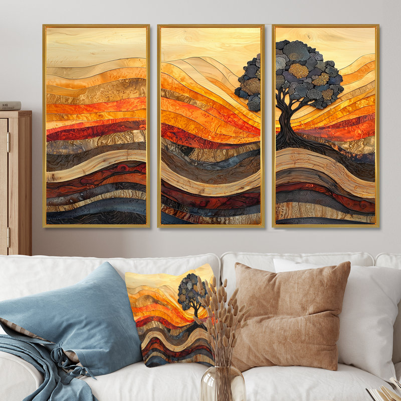 Bouleau d'automne avec racines de sérénité IV - Art mural sur toile - 3 panneaux, H 40 po x l 60 po, Doré
