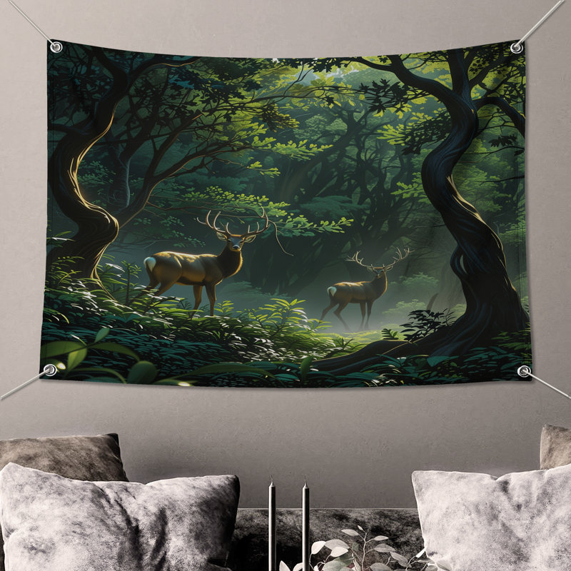 Tapisserie murale cerf dans la forêt - Décoration murale cerf, H 68 po x l 80 po avec 4 œillets