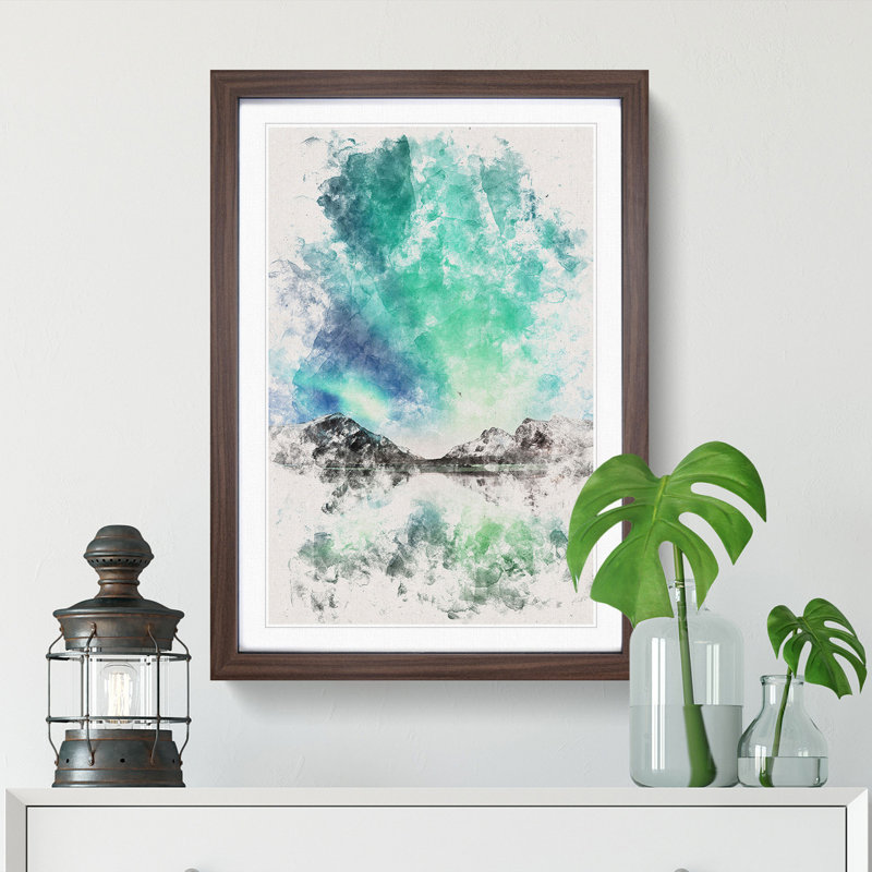 Northern Lights over Skagsanden Beach - Picture Frame Painting Print, 33cm H x 24cm W x 2cm D, Walnut Framed