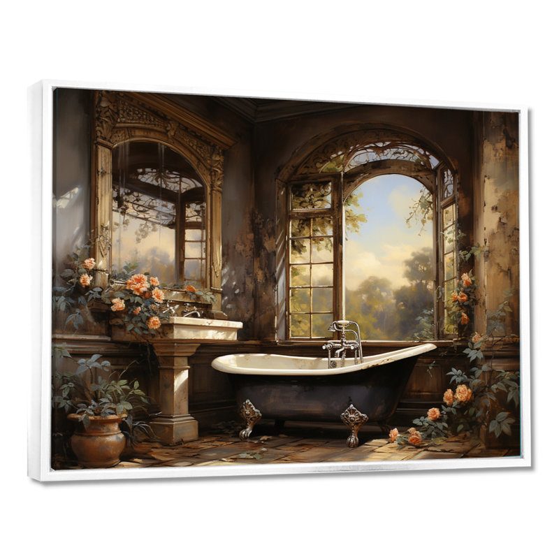 «Bathroom Vintage Elegance I» - Art mural de salle de bain, H 34 po x l 44 po x P 1,5 po, Cadre flottant blanc