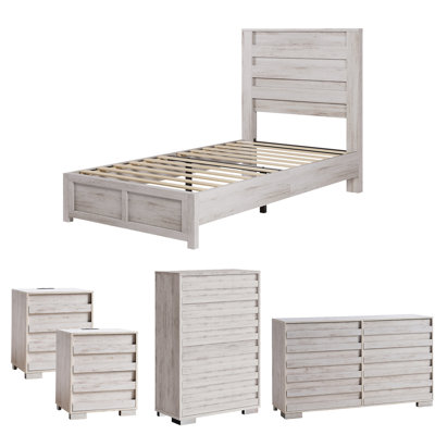  Louby 5 Pieces Farmhouse Twin Bedroom Set, Distressed White