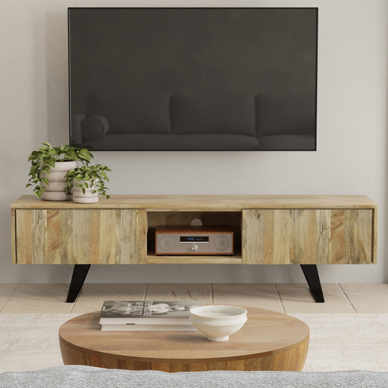 Lowry 72"W Solid Wood Industrial TV Stand for TVs up to 80" with 2 Cabinets and Open Shelf, Natural