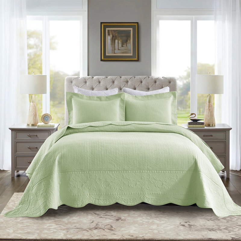 Cotton Quilt Set, King Quilt + 2 King Shams, Green