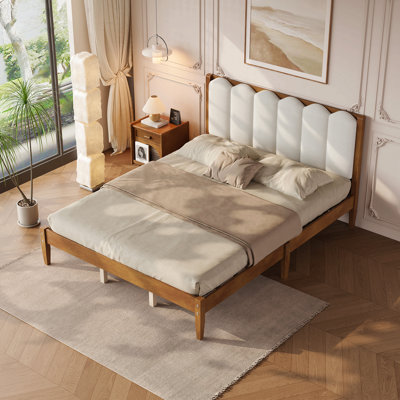 Platform Bed Frame With Headboard, Upholstered Headboard Wood Bed, Modern Upholstered Full Bed Frame, Padded Scalloped Headboard, Sturdy Slat Support, No Box Spring Needed