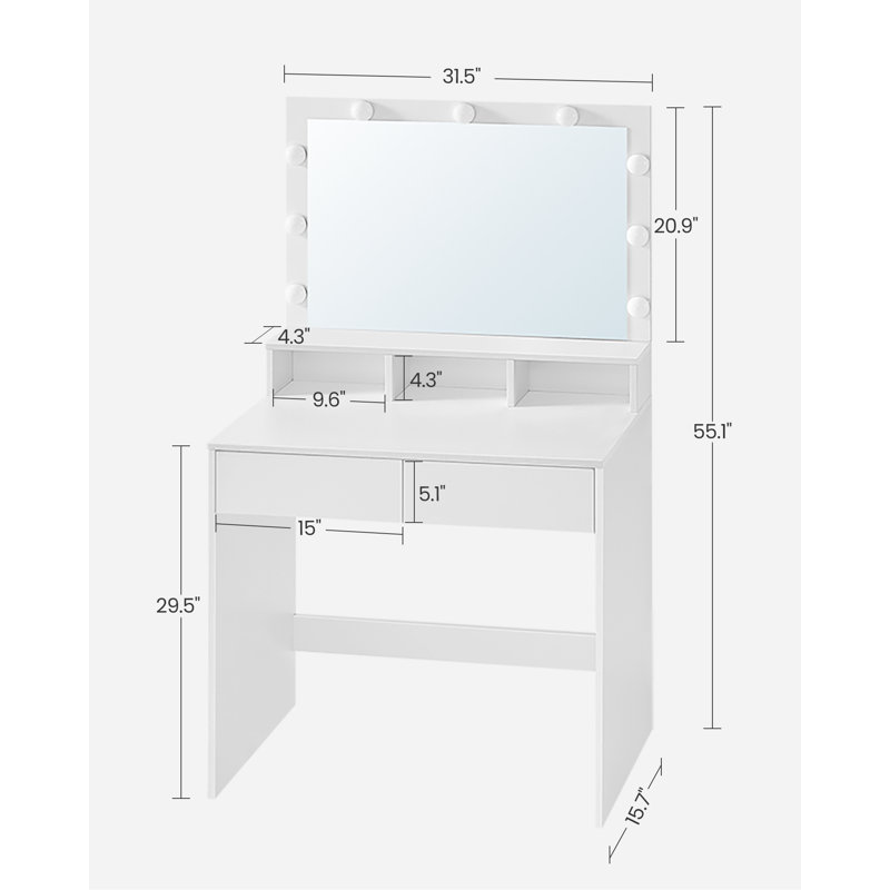 Altariq 31.5'' Wide Vanity with Large Mirror, Dimmable LED Lights, 3 Compartments, 2 Drawers, White