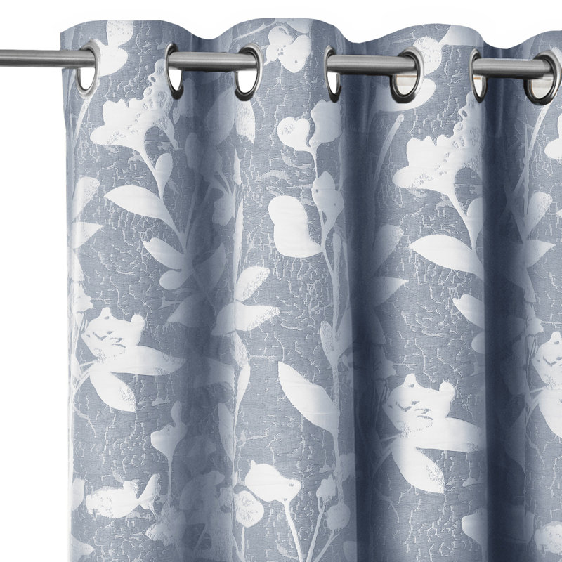Luxury 3D Jacquard Stunning Leaf Pattern Fully Lined Curtain Pair- Ringtop, Blue, 182cm H x 167cm W