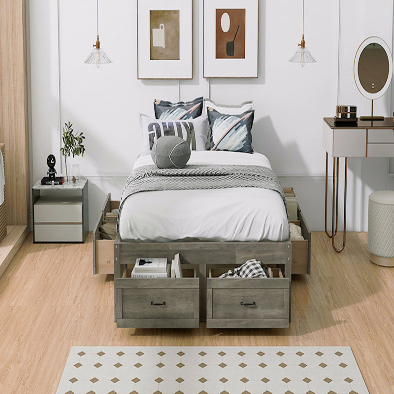 Full Size Platform Bed, With 6 Storage Drawers, Gray, Full