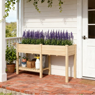 Elevated Garden Bed,Wood Raised Garden Box,With Side Table,Bottom Shelf,Bed Liners And Drainage Holes