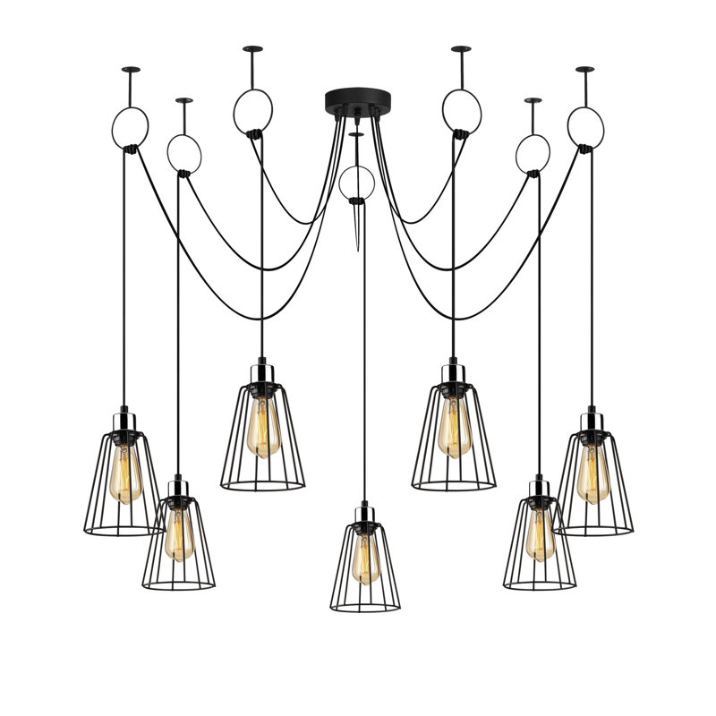 Lustre industriel noir, 53,1 po de diamètre x 51,2 po de hauteur | Corps en fer durable, hauteur réglable, 7 x E27 Max 40W | Design élégant et nostalgique pour les maisons modernes, classé IP20, parfait pour la salle à manger et le salon