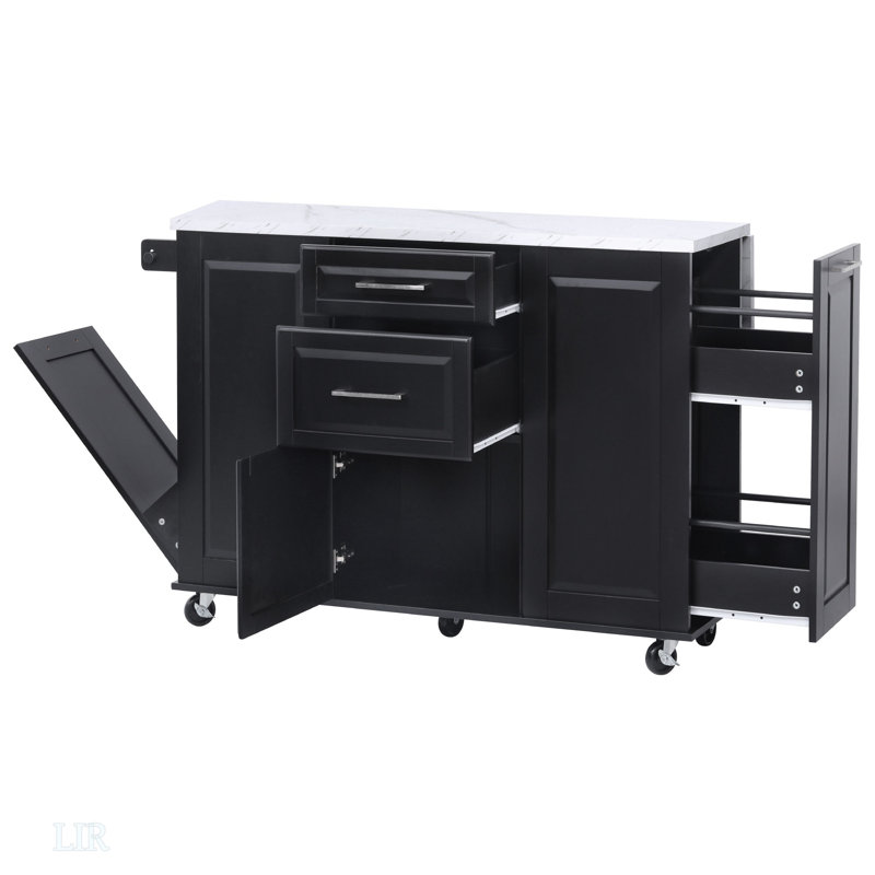 Kitchen Island With Storage Tilt Trash Can Cabinet And Pull Out Cabinet Organizer, Black