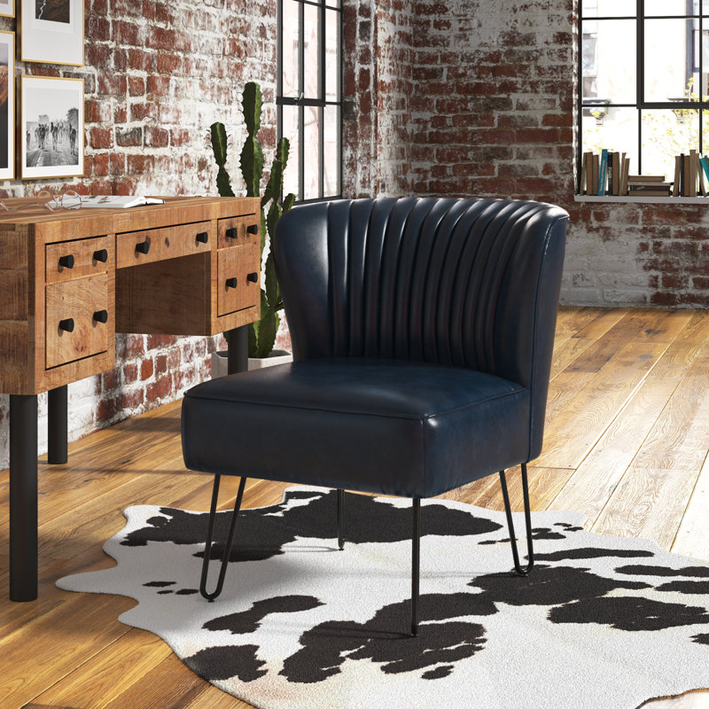 Euclid Faux Leather Chair With Metal Base, Navy Pebbled Faux Leather
