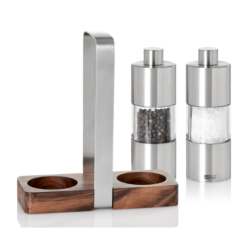 Stainless Steel and Glass Salt and Pepper Grinder Set with Wooden Tray
