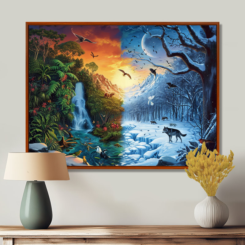 Art équinoxe, cascade printanière, hiver, neige, loup - rivière, art mural, Toile avec cadre flottant brun