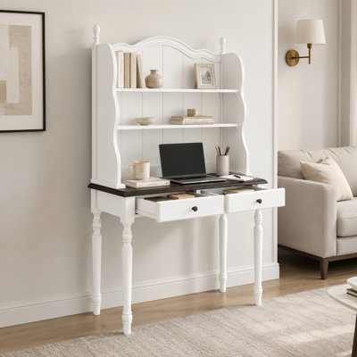 Bureau Marcell en bois d'hévéa de style Mid-Century avec tablette, deux tiroirs et étagères de rangement