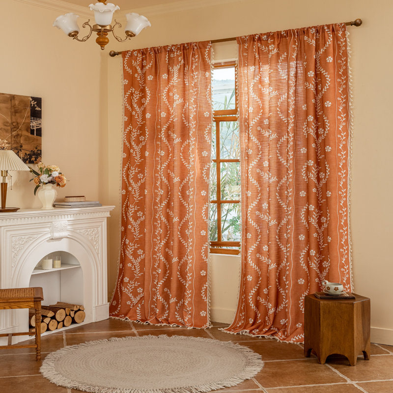 Polyester Floral Print Curtains 2 Panels (Set of 2), 52" W x 63" L, Burnt Orange