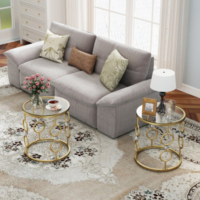 Side Table Set of 2, Living Room End Table with Tempered Glass & Metal Frame