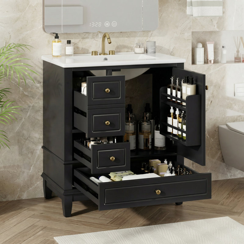 Meuble-lavabo 30 po avec lavabo, une porte avec tablette et trois tiroirs, porte à fermeture en douceur, Noir