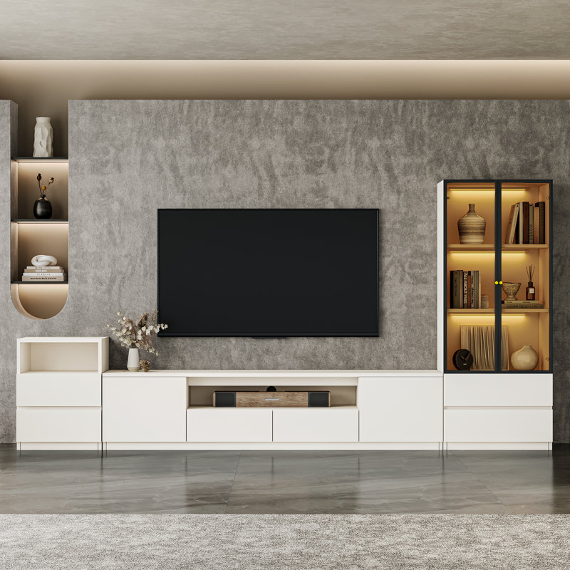 Crafton Modern 122'' White Entertainment Center With Bookshelves For 55/58/65/70/75 Inch TV, Wood Storage Media Console Includes TV Console Table, Lights Glass Display Bookshelf And Drawer Cabinet For Living Room