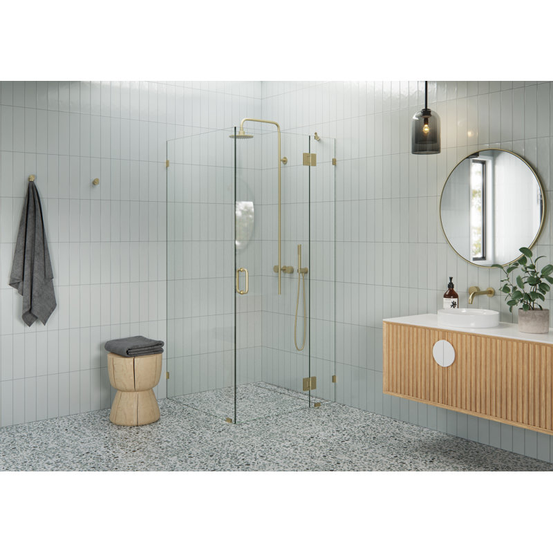 Halo 39 in. x 36 in. x 78 in. 90-degree Fully Frameless Glass Hinged Shower Enclosure, Satin Brass