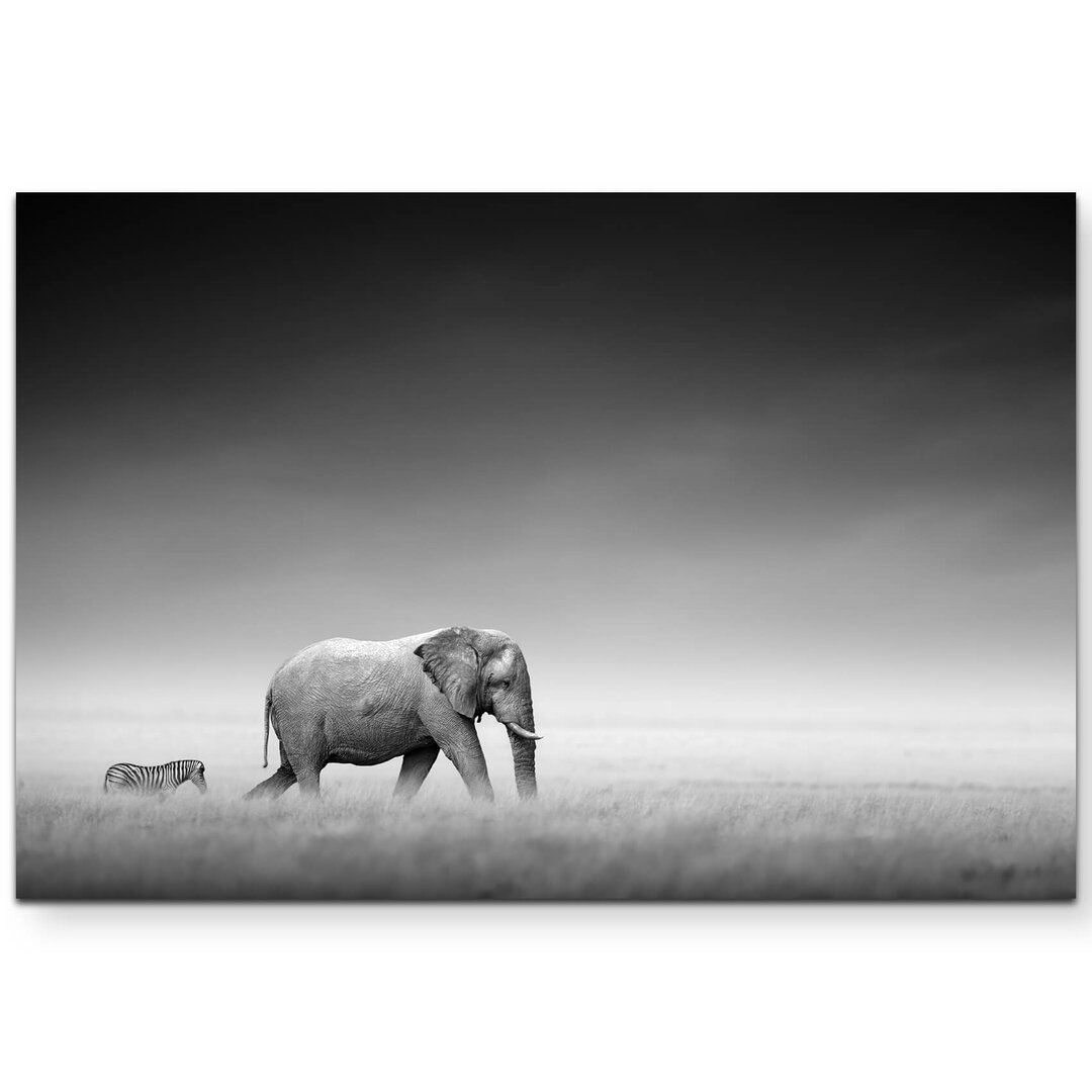 Leinwandbild Elefant und Zebra in der Afrikanischen Steppe