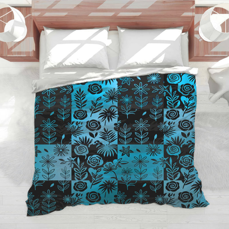 Blue Black Floral Pattern Comforter, Twin Extra Long
