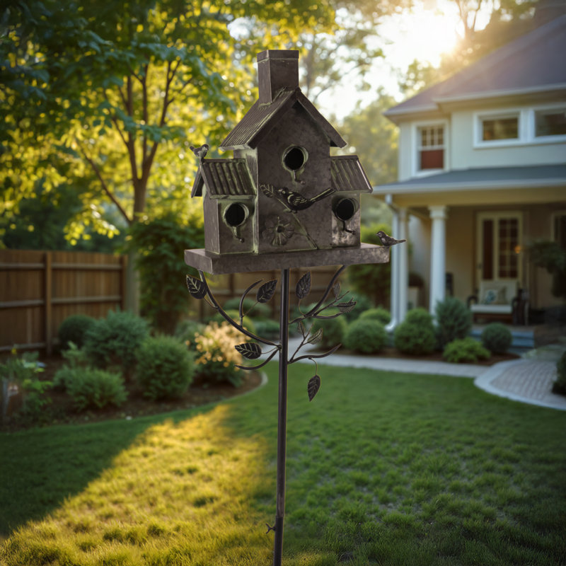 Piquet de jardin 76 po en métal 76 po - Birdhouse à trois niveaux avec entrée fantaisiste et oiseaux