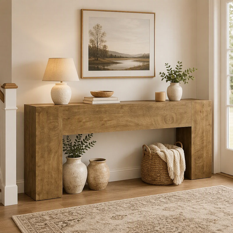 Console extra longue de 200 cm (79 po), table basse de style champêtre avec double piétement pour entrée et salon