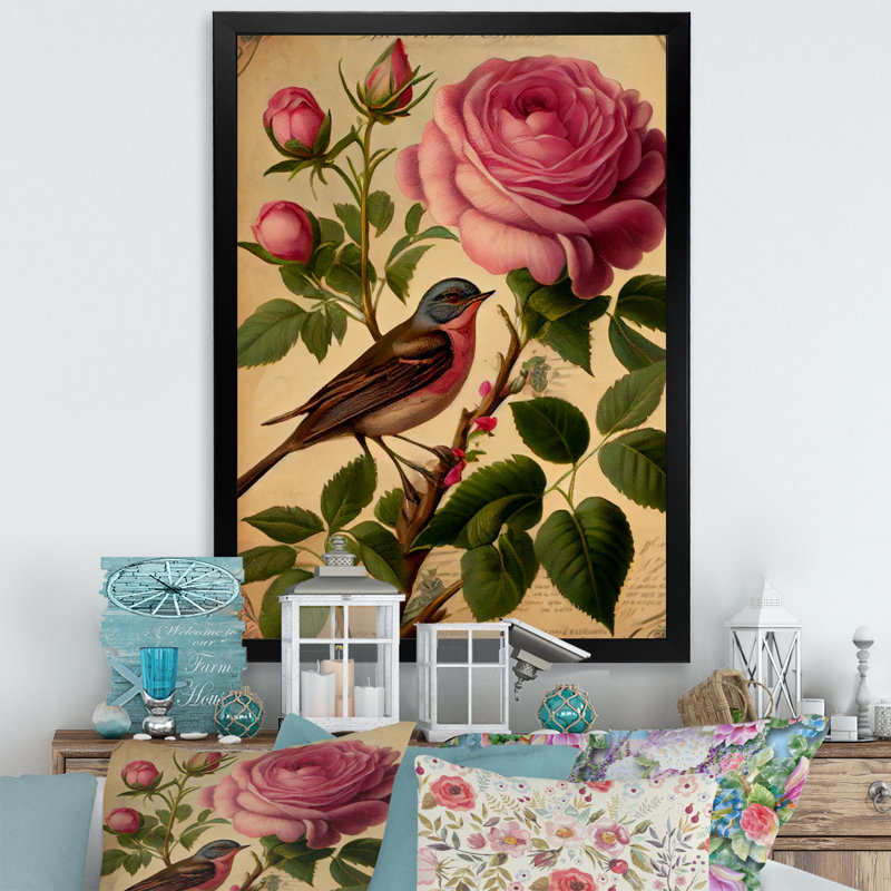 «Pink Rose on Retro Parchment V», reproduction sur toile, Cadre photo noir, H 20 po x l 12 po x P 1 po