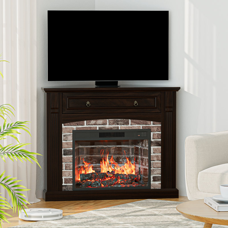 Corner Tv Stand With Wooden Mantel, Corner Electric Fireplace With Remote Control, Adjustable Realistic Flame, Anti-tipping Device For Living Room, Bedroom, Dining Room And Office