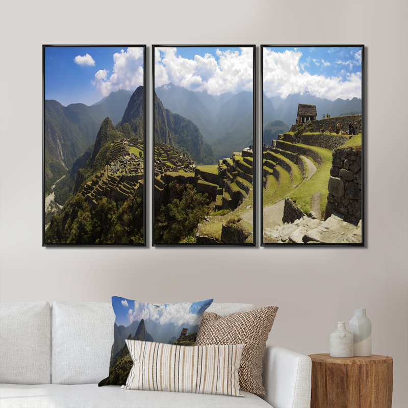 Machu Picchu Panorama - 3 pièces, cadre photo flottant sur toile, Cadre noir, L 36 po x H 28 po