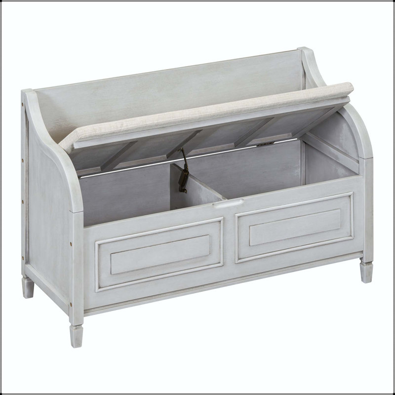 Banc de rangement en bois massif rustique avec charnière de sécurité et coussin amovible, Gris délavé, Gris délavé