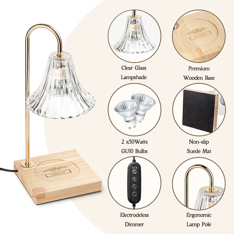 Candle Warmer Lamp with Timer, Dimmable, Adjustable Height - Electric Top Down Melting for All Jar Candles - Home Decor Wax Melter Light (Includes 2 Halogen Bulbs)