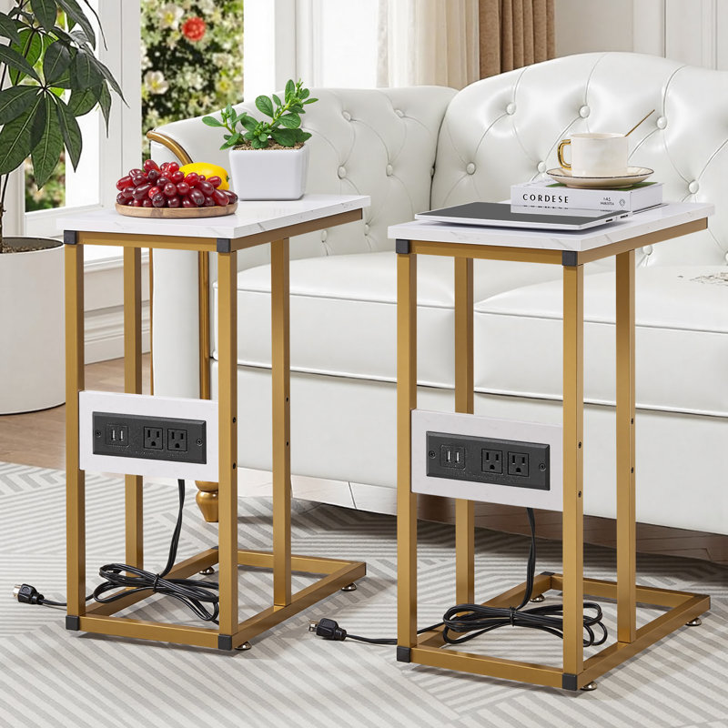 C End Table With USB And Built-In Outlets, Gold/White