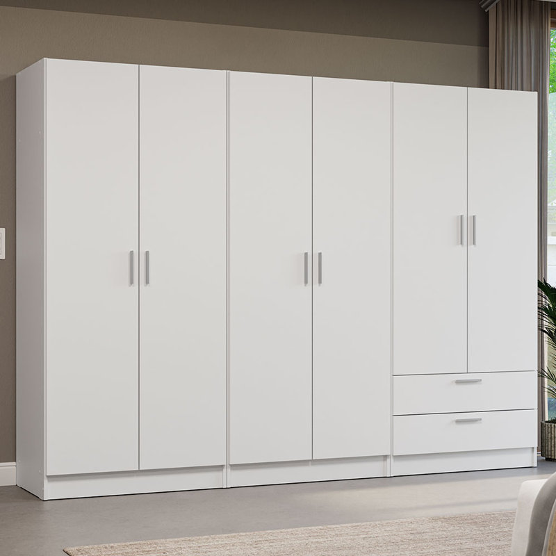  Ensemble de garde-robe 6 portes et 2 tiroirs avec armoire et armoire de rangement de 94 po L, Blanc