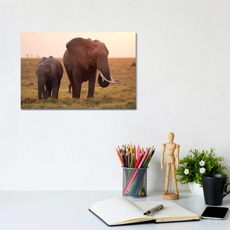 African Elephant Mother And Calf Grazing, Amboseli National Park, Kenya by Hiroya Minakuchi - Wrapped Canvas Print