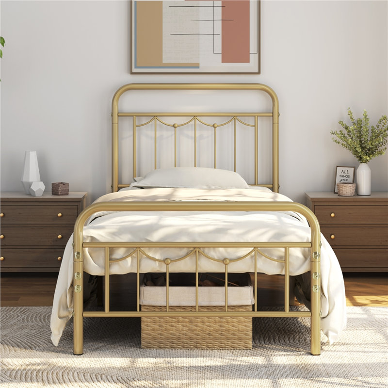 Antique Gold Twin Metal Bed Frame with Headboard and Slats