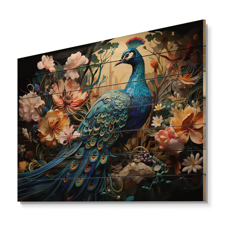 Reproduction murale sarcelle paon I sur bois, H 24 po x l 32 po x P 0,78 po