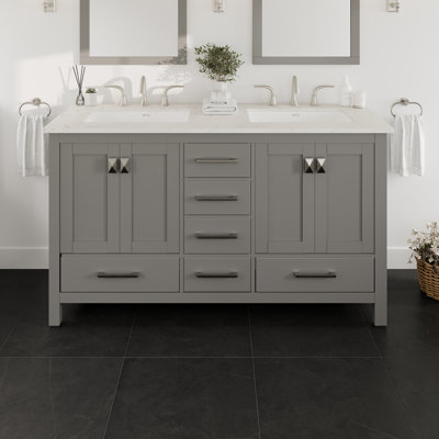 Minnich 60"W x 22"D Double Sink Bathroom Vanity with White Carrara Countertop and Undermount Porcelain Sinks