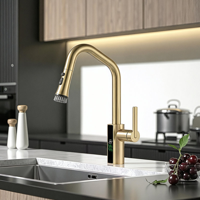 Pull-Down Kitchen Faucet With Built-In Cleaning Brush, Led Temperature Display, 3 Spray Modes, Brushed Gold