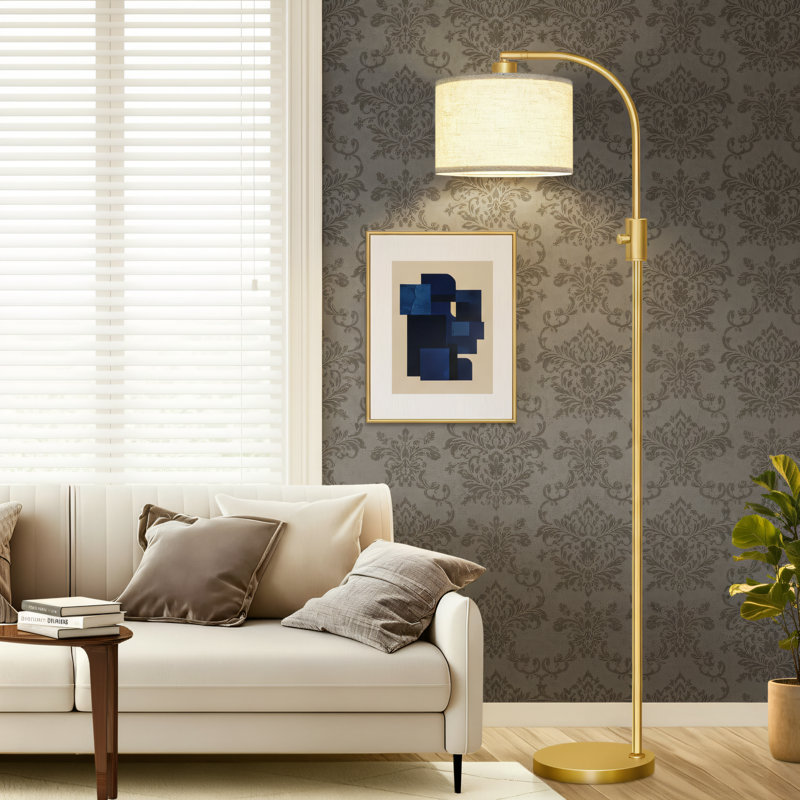 Upgraded Gold Modern Curved Dimmable Floor Lamp With Linen Lampshade Design. Includes A 1200-Lumen LED Bulb. Suitable For Living Rooms, Studies, Bedrooms, Offices, And Children's Rooms.