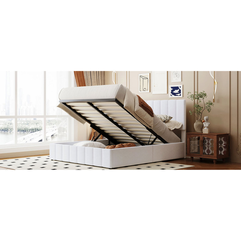 Lit plateforme tapissier avec économiseur d'espace hydraulique - Rangement supplémentaire, Blanc, Grand lit