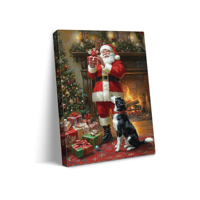 Classic Santa Claus And Dog Canvas Wall Art Vintage Christmas Delivery Scene With Gift Box By Fireplace Painting Ready To Hang For Living Room Home Decor 12X16in