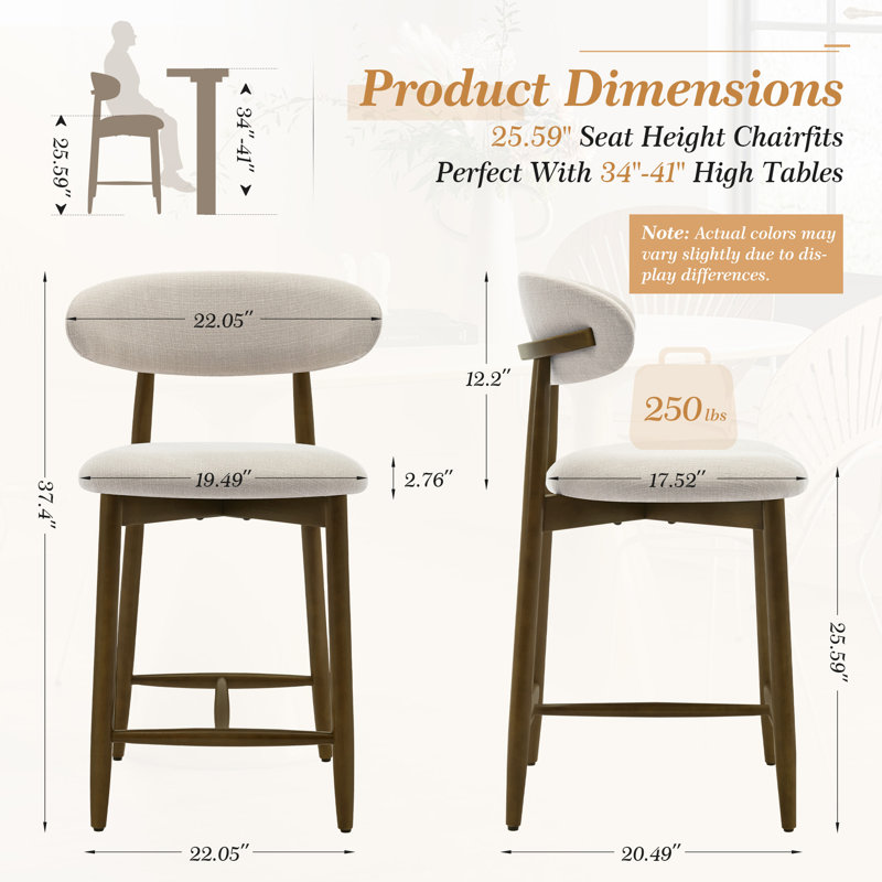 Tabouret de comptoir rembourré de 25 pouces avec dossier incurvé et base en bois massif, Beige, 1