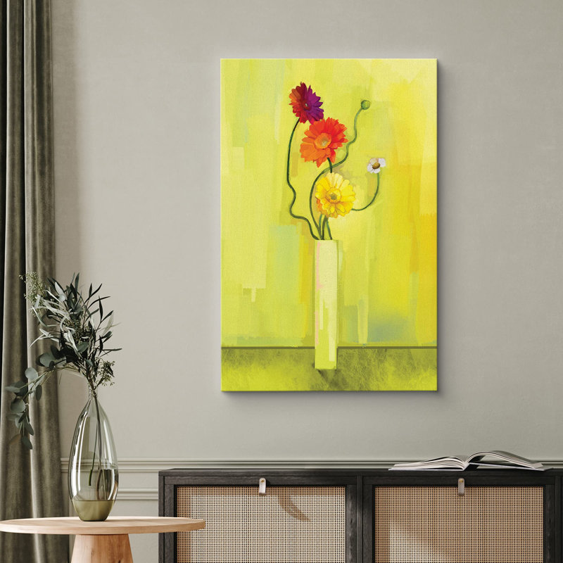 «Flower Blossom», «Watercolor Effect, marguerites mauves, rouges et jaunes, illustrations botaniques modernes, art rustique» sur toile
